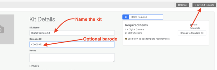 Save kit template button